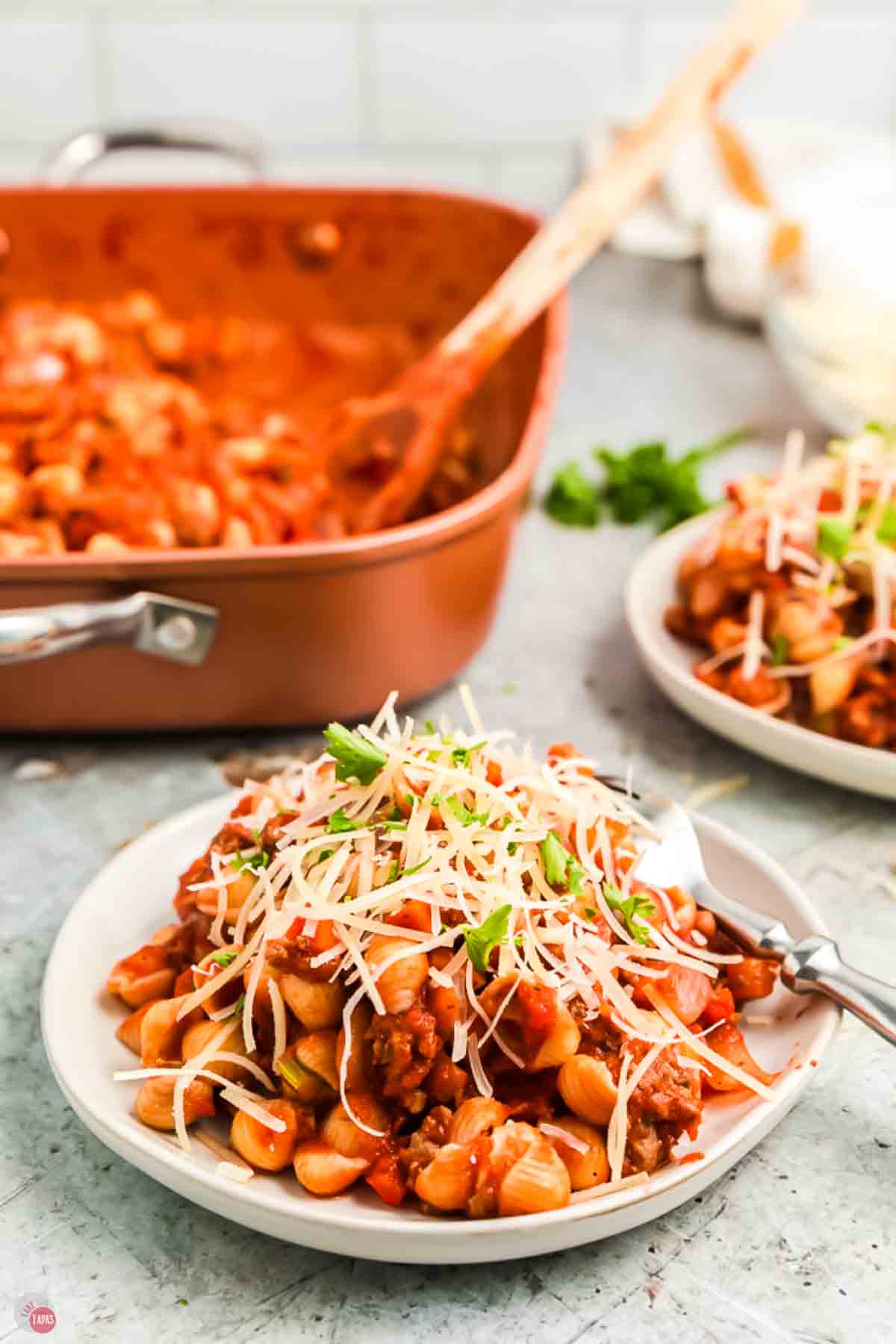 plate of homemade beefaroni with a fork