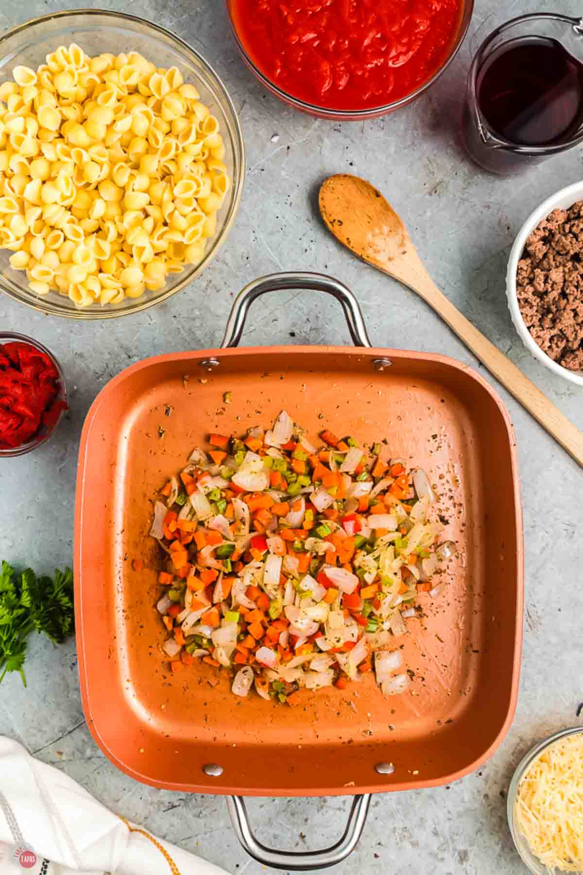 cooked celery, carrots, and onion in a skillet