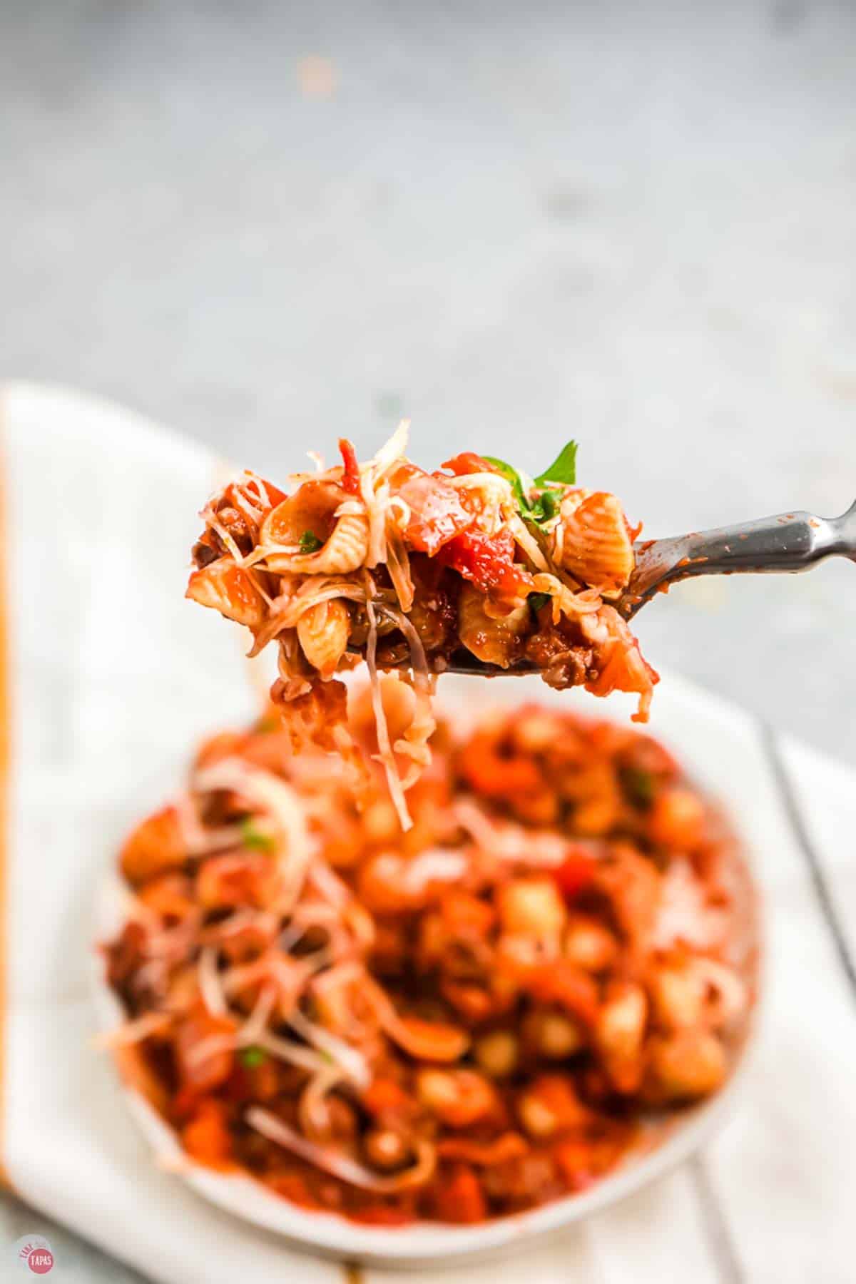 close up of bite of homemade beefaroni on a fork