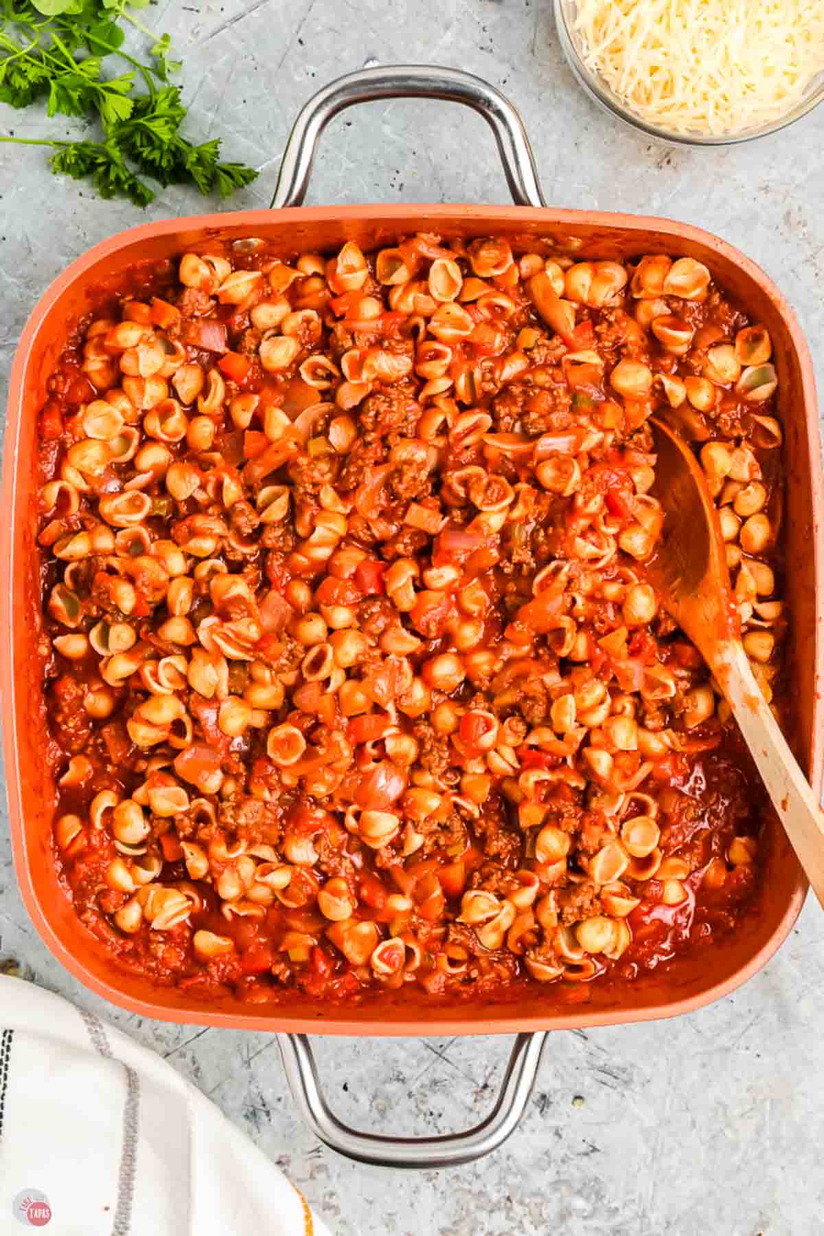homemade beefaroni in a skillet