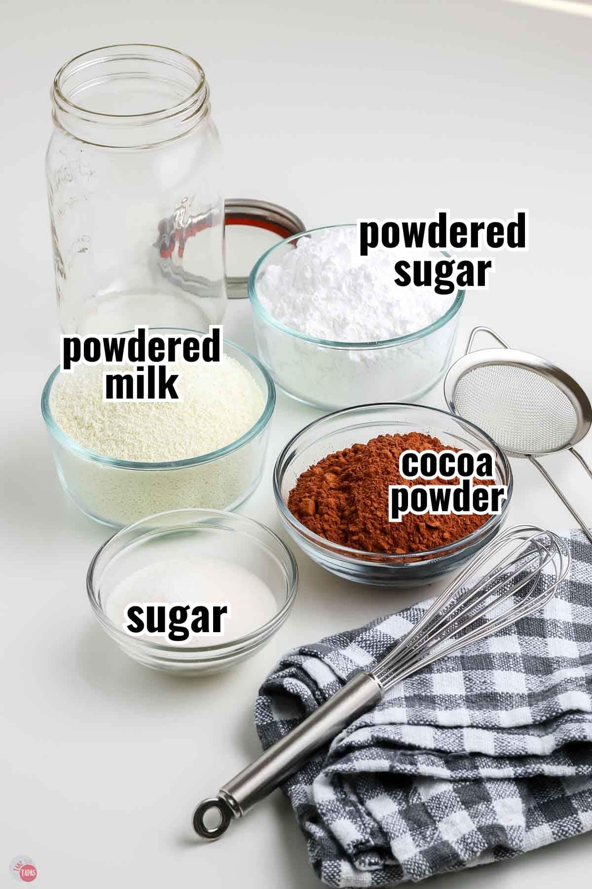 ingredients for a mix in individual bowls with text overlay labeling them