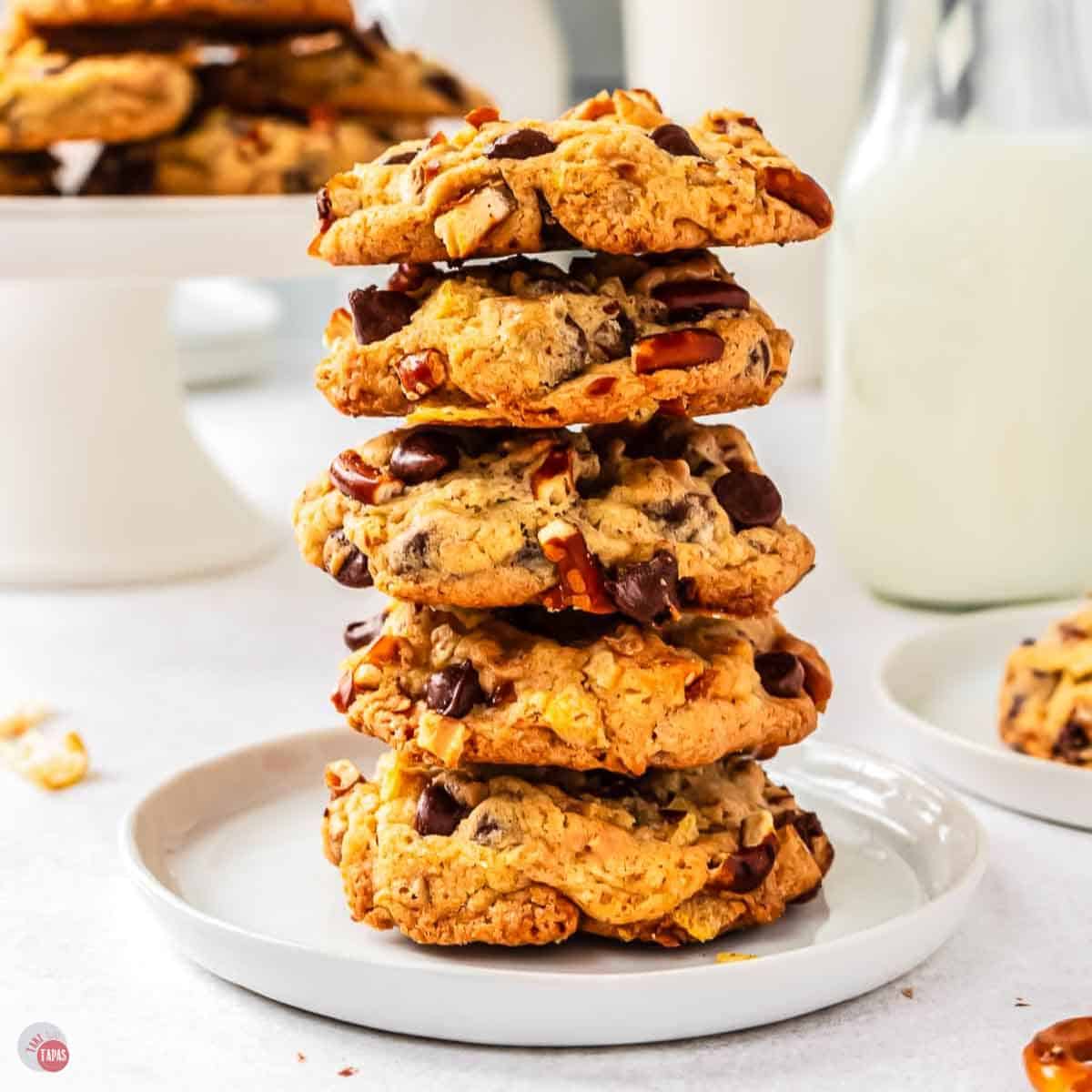 stack of kitchen sink cookies on a white plate