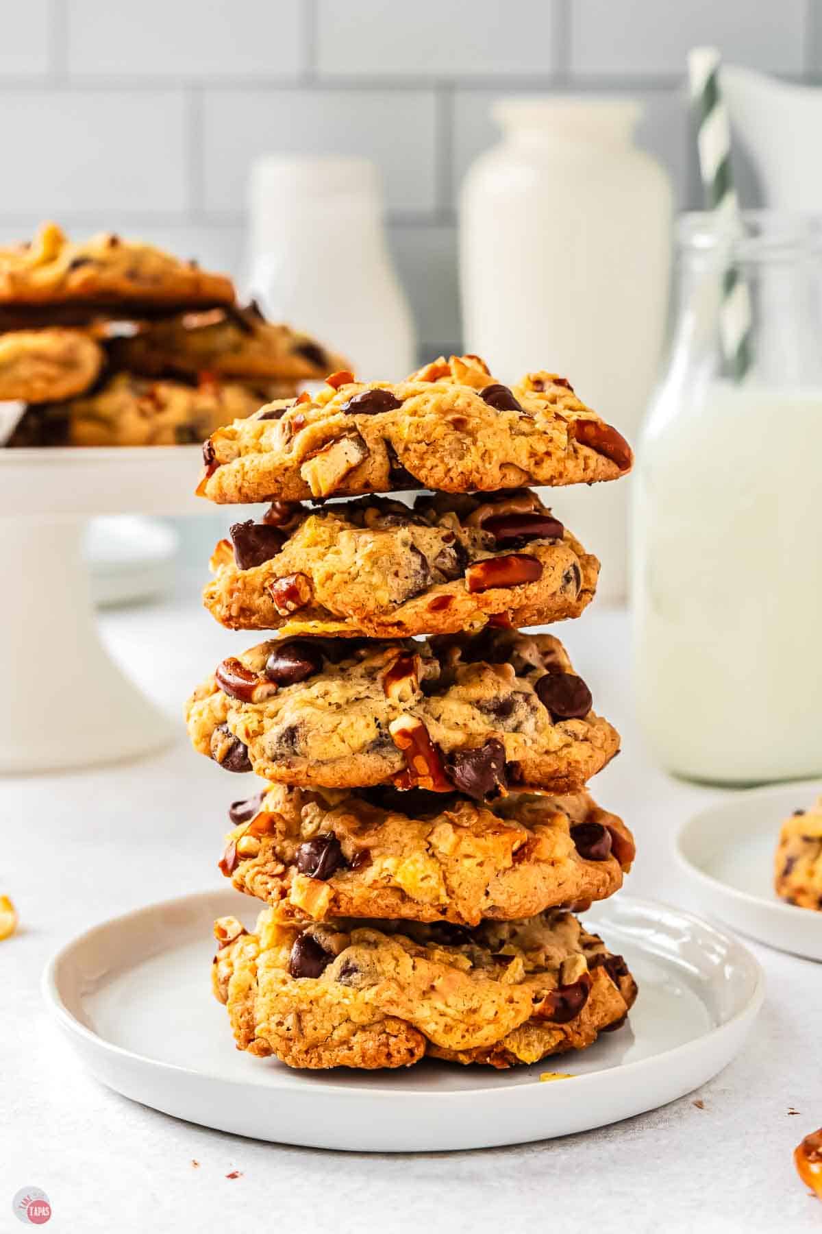 stack of cookies on a white plate