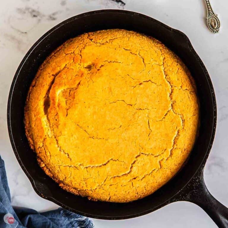 black skillet with cornbread