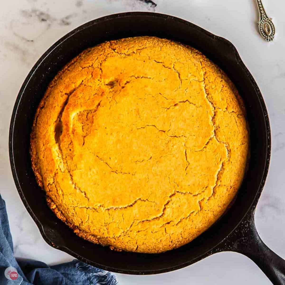 black skillet with cornbread