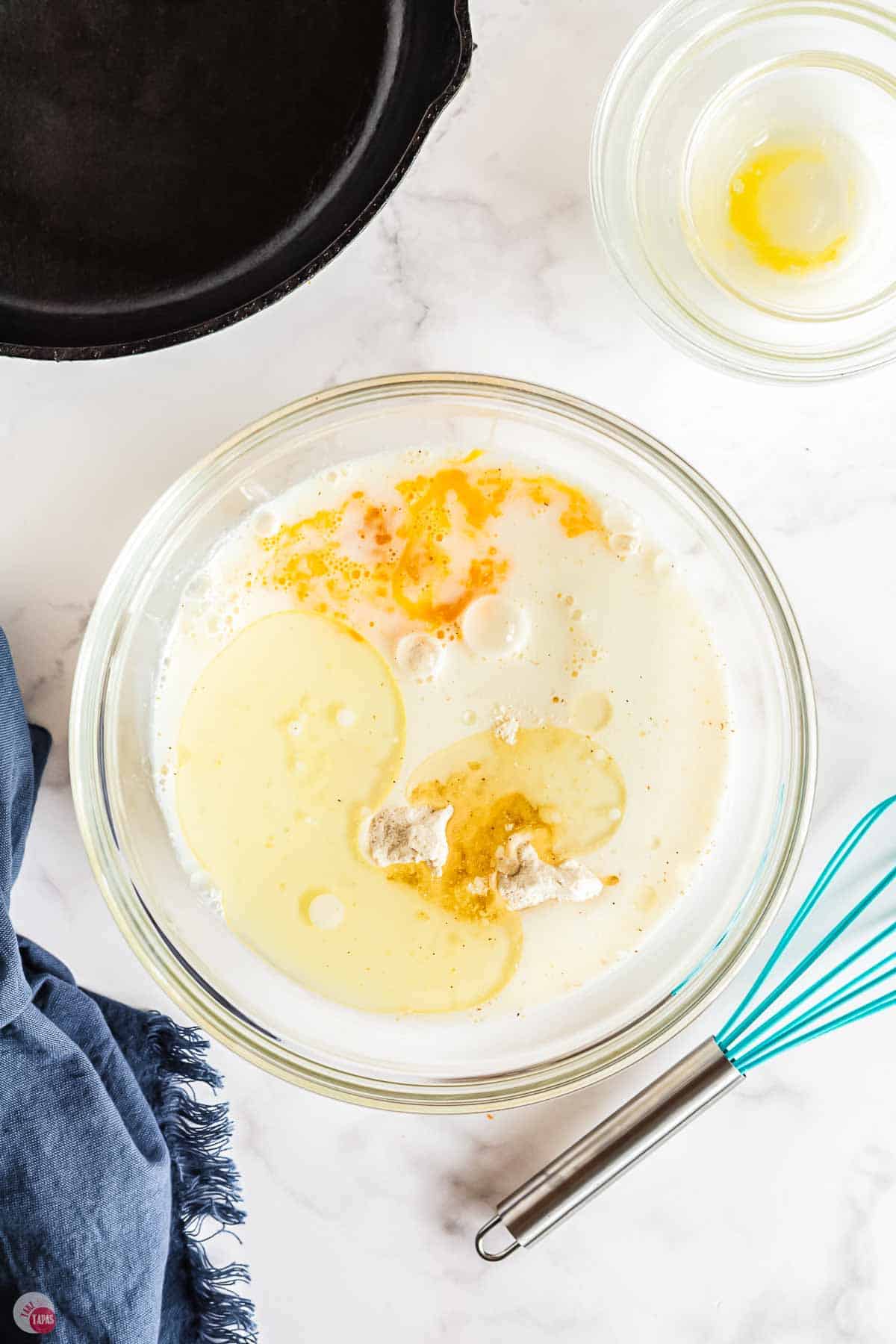 cornmeal mix in a bowl with milk and eggs