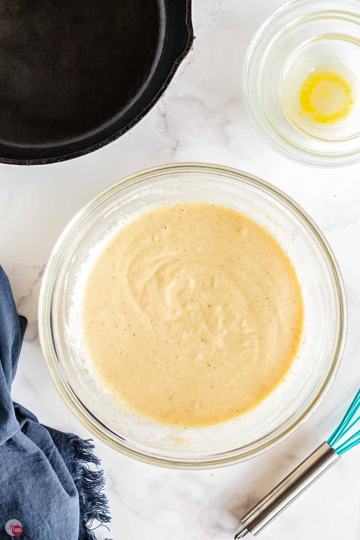 clear bowl of cornbread batter