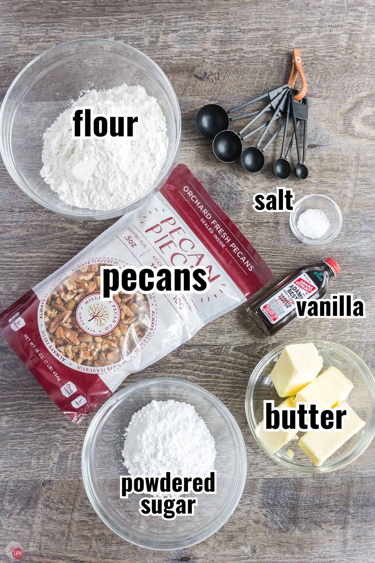 ingredients for a cookie recipe in individual bowls with text overlay labeling them