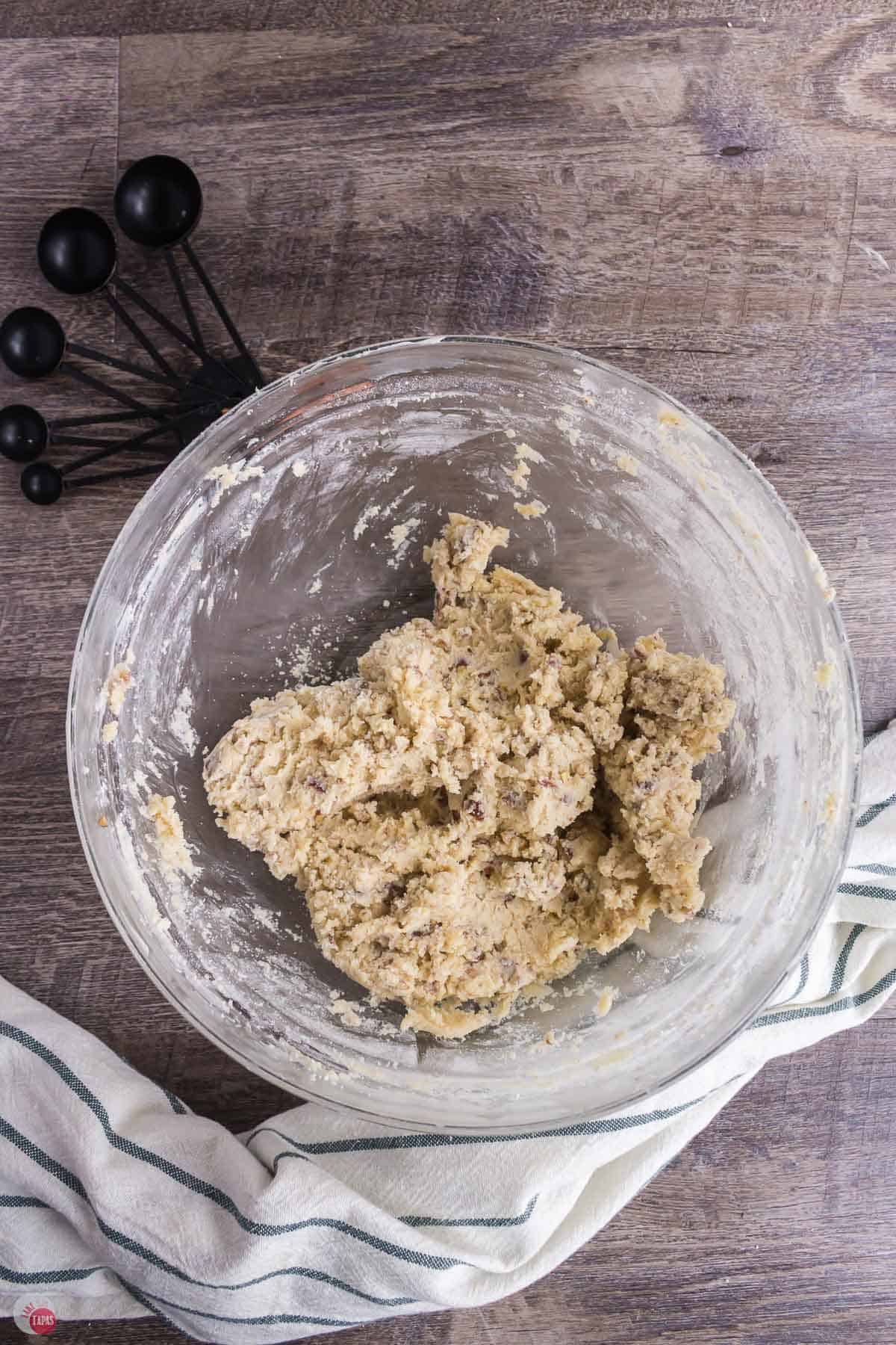 cookie dough in a clear bowl