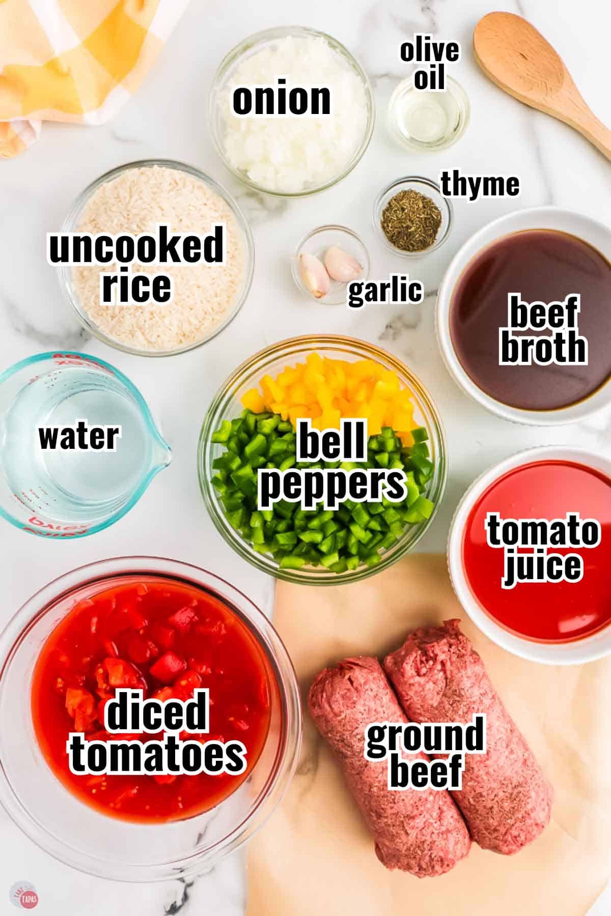 ingredients for a soup recipe in individual bowls with text overlay labeling them