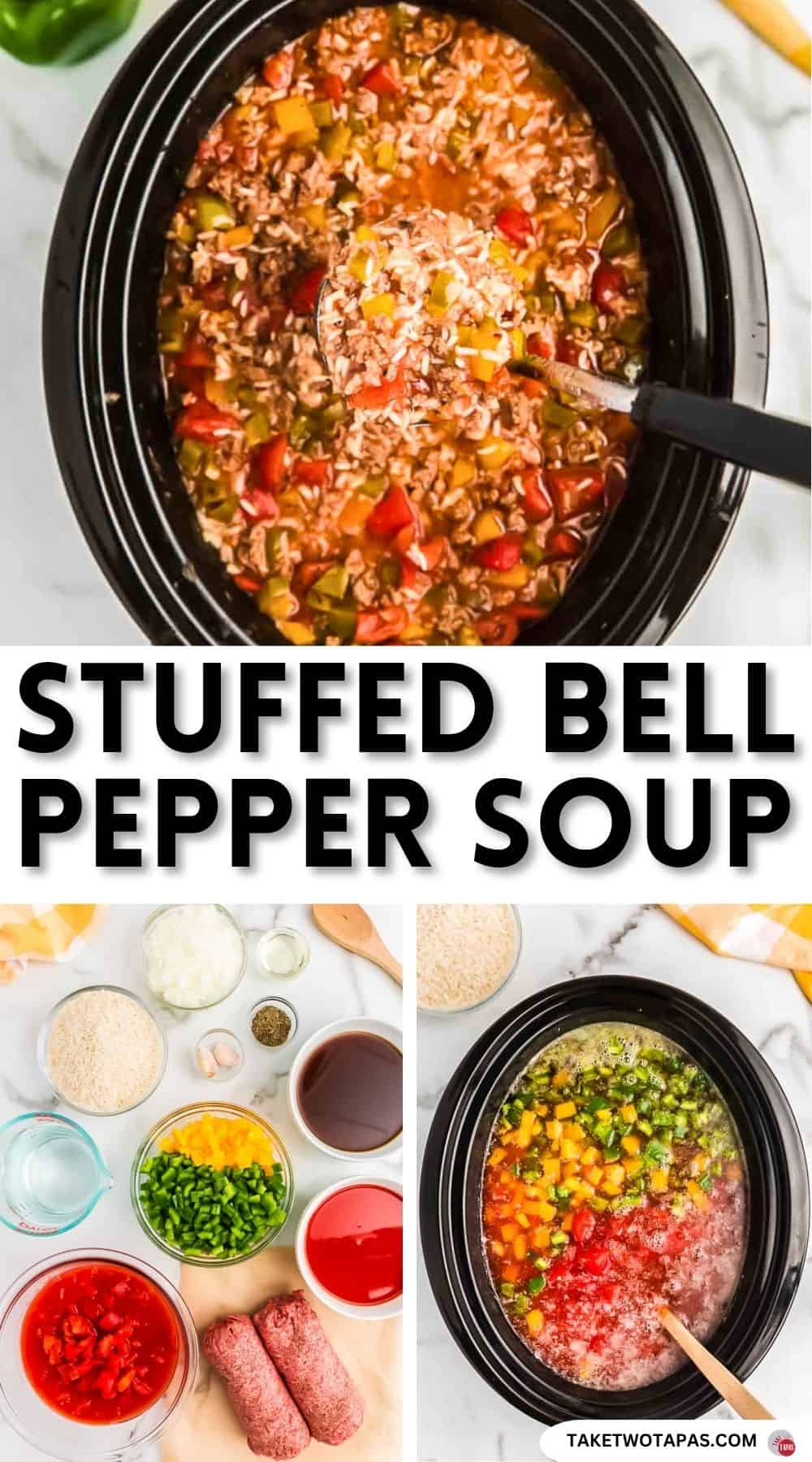 Pinterest pin image for stuffed bell pepper soup recipe