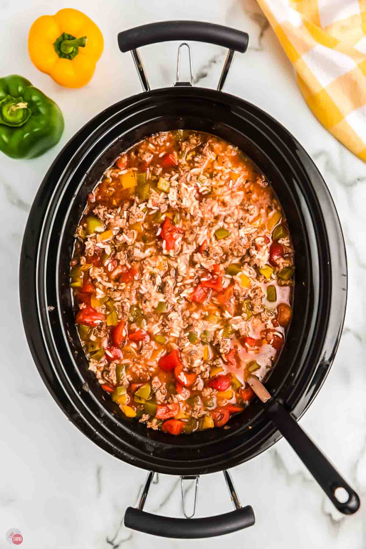 black crock pot with stuffed pepper soup