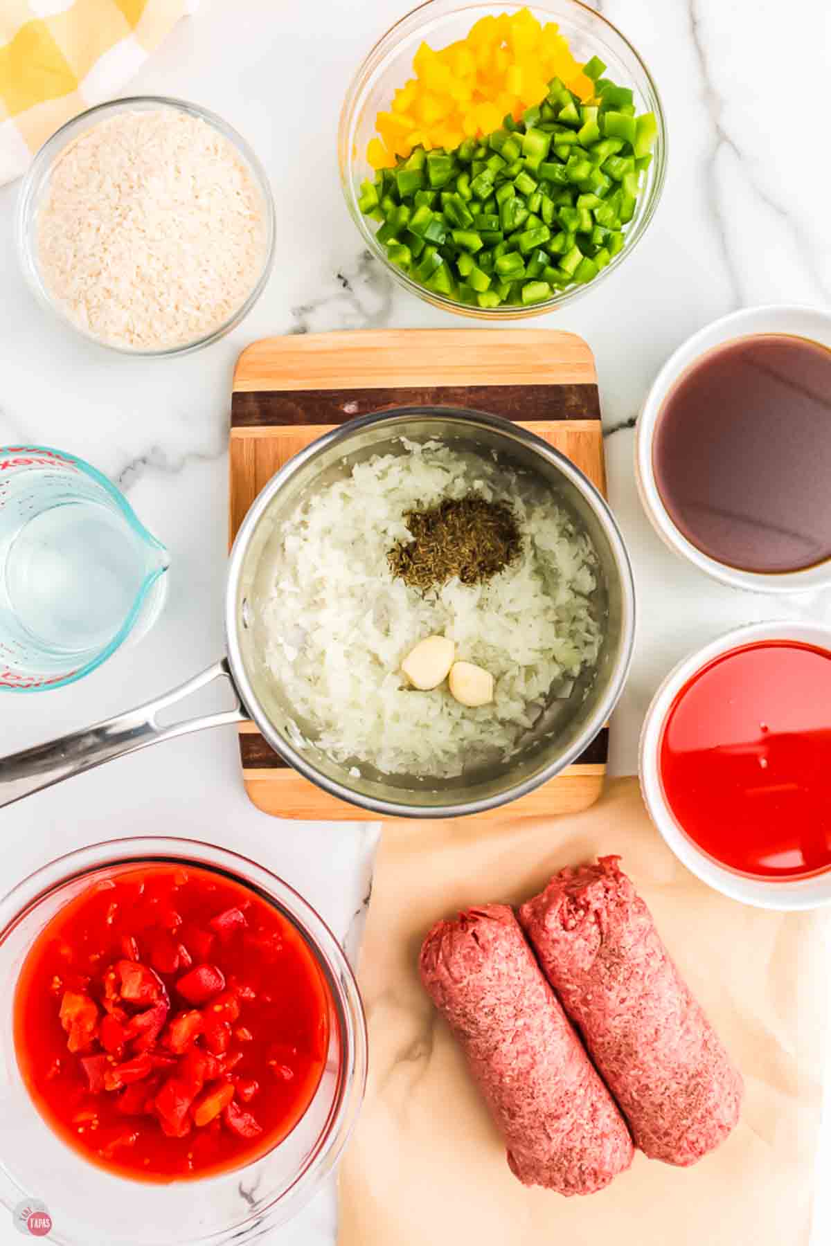 onions, seasoning, and garlic in a pot