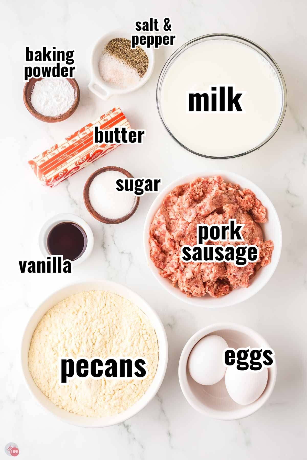 ingredients for a recipe in individual bowls with text overlay labeling them