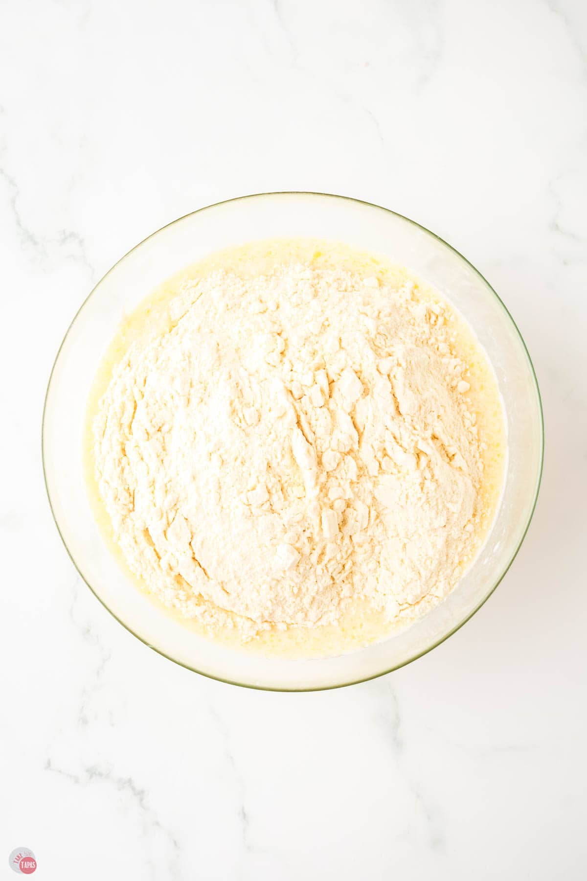 waffle batter in a clear bowl