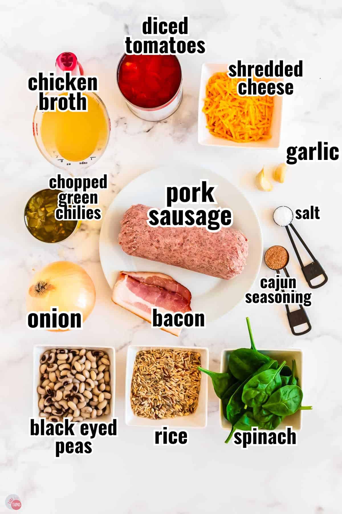 ingredients for a casserole in individual bowls with text overlay labeling them