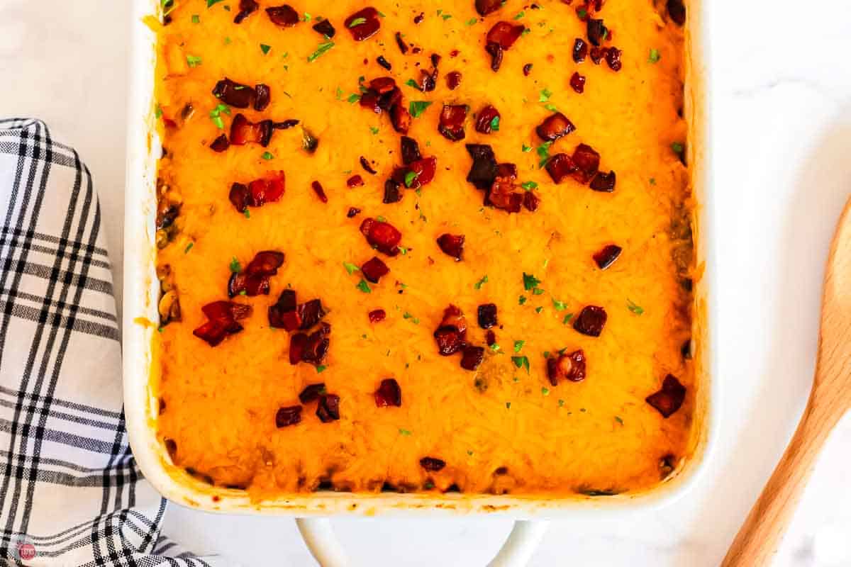 close up of baked cheesy casserole