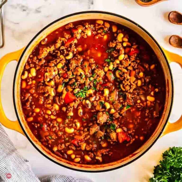 yellow pot of black eyed pea chili