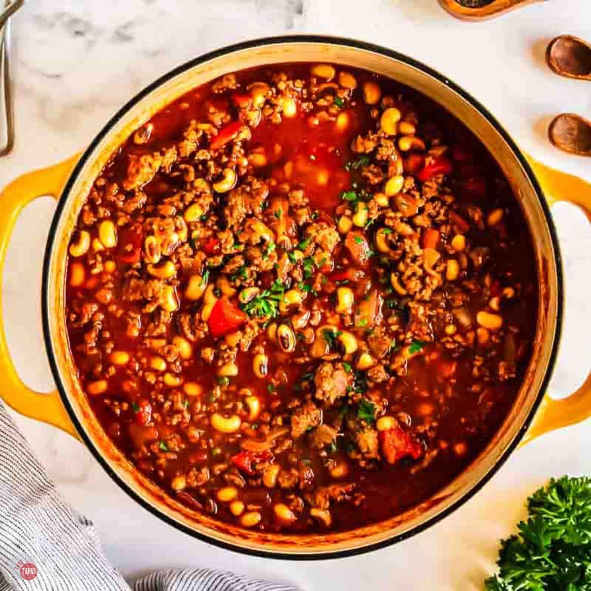 yellow pot of black eyed pea chili