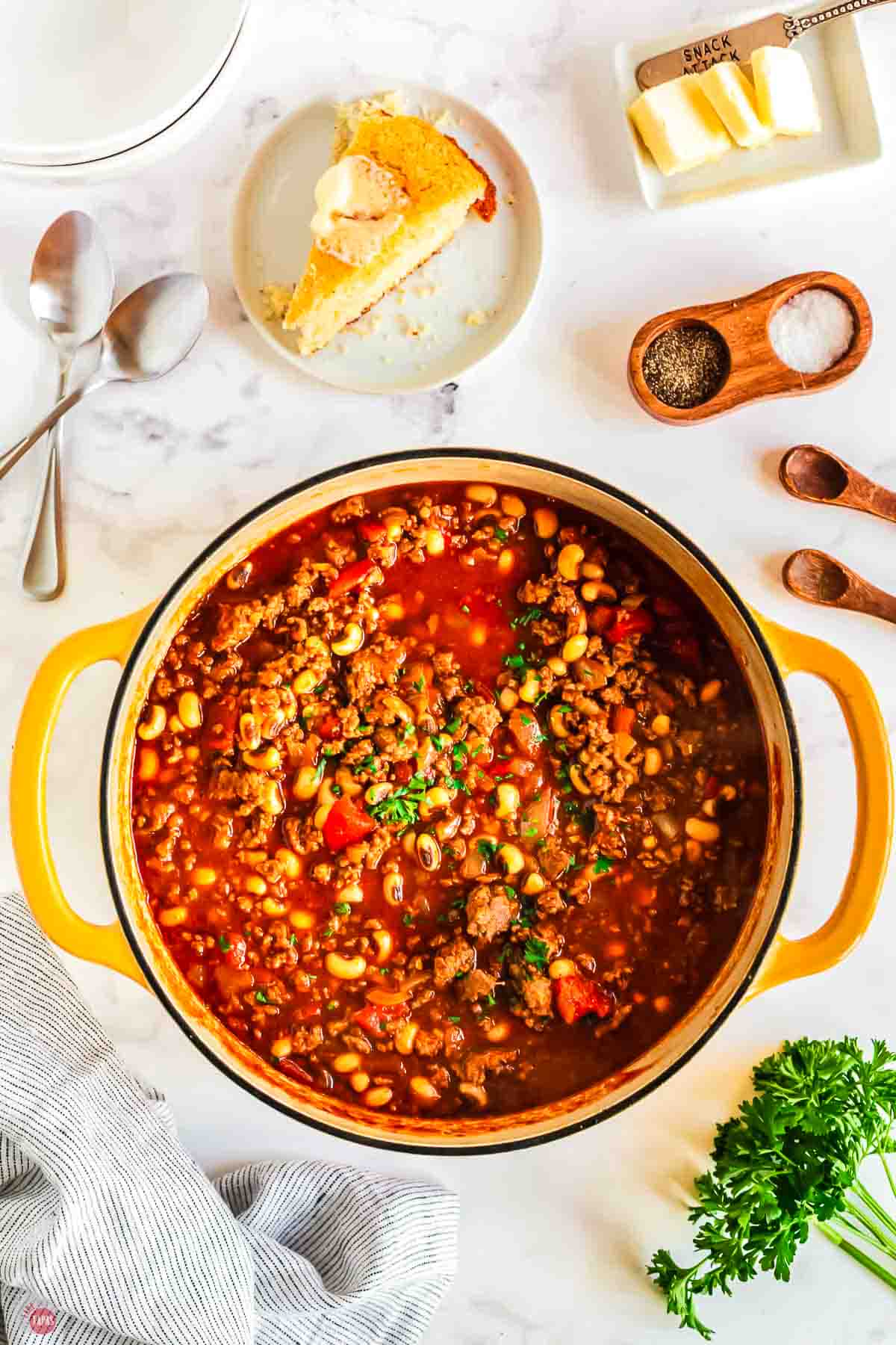 yellow pot with black eyed pea chili