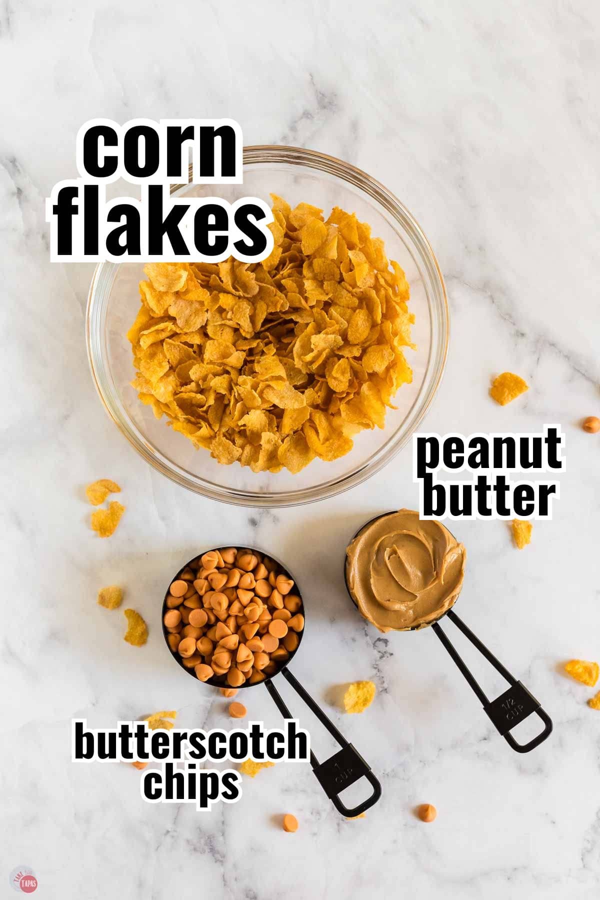 ingredients for a cookie recipe in individual bowls with text overlay labeling them