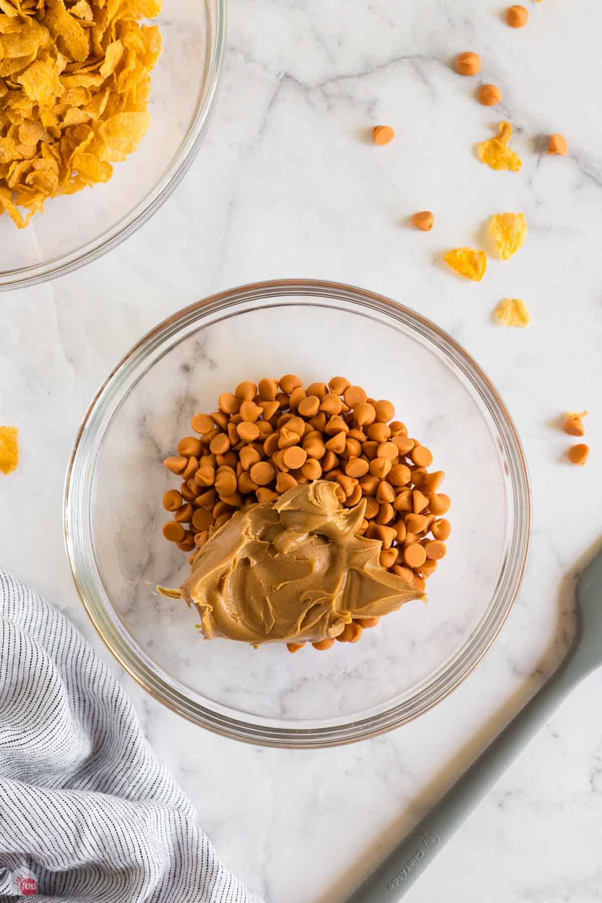peanut butter and butterscotch chips in a clear bowl