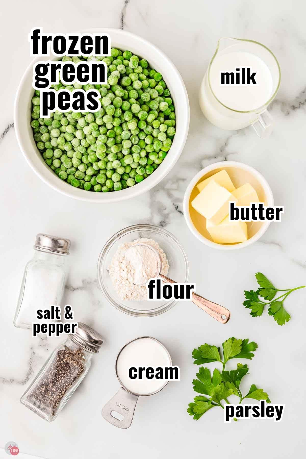 ingredients for creamed peas recipe in individual bowls with text overlay labeling them
