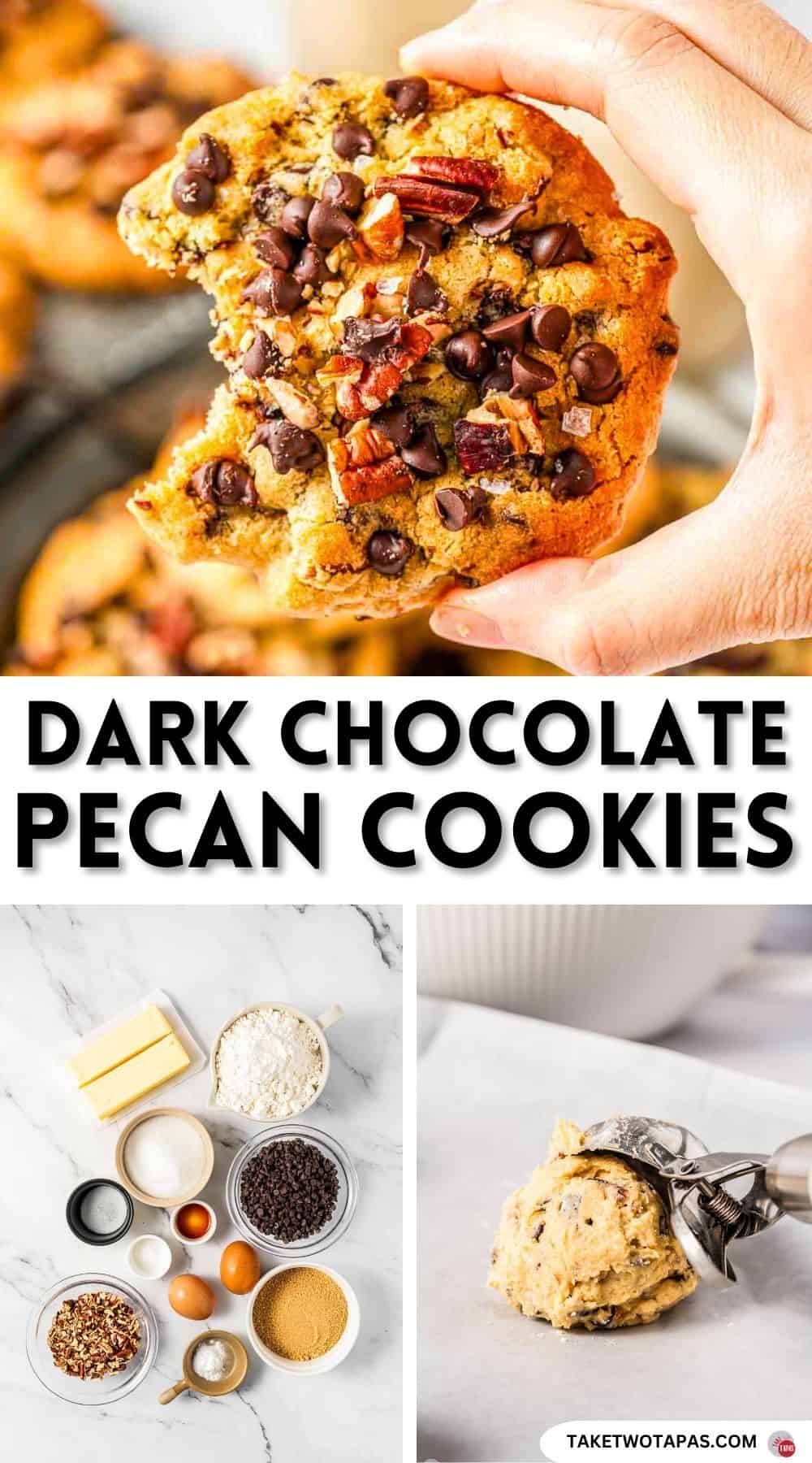 Pinterest pin image for dark chocolate pecan cookie recipe