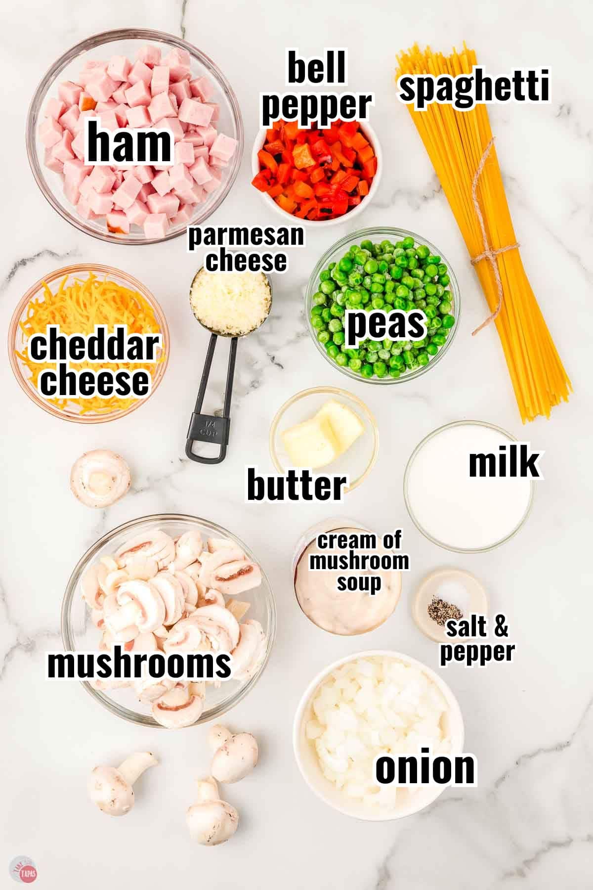 ingredient for a tetrazzini recipe in individual bowls with text overlay labeling them