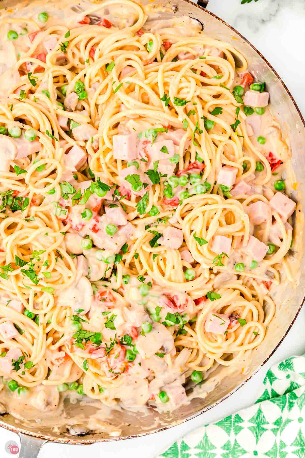 overhead picture of ham tetrazzini in a white skillet