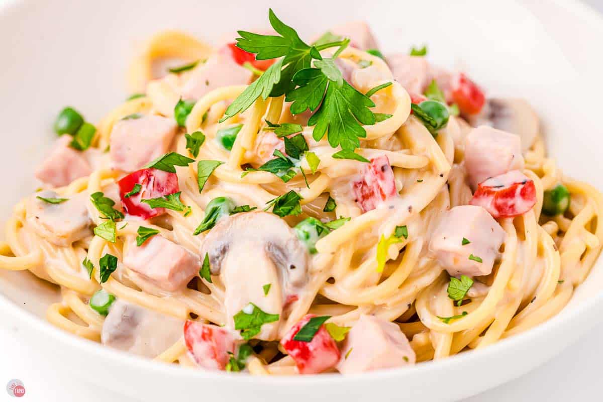 close up of white bowl with ham tetrazzini
