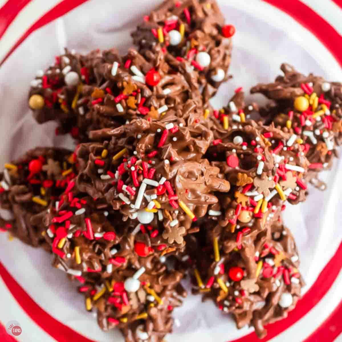 red and white striped plate with chocolate haystack cookies on it