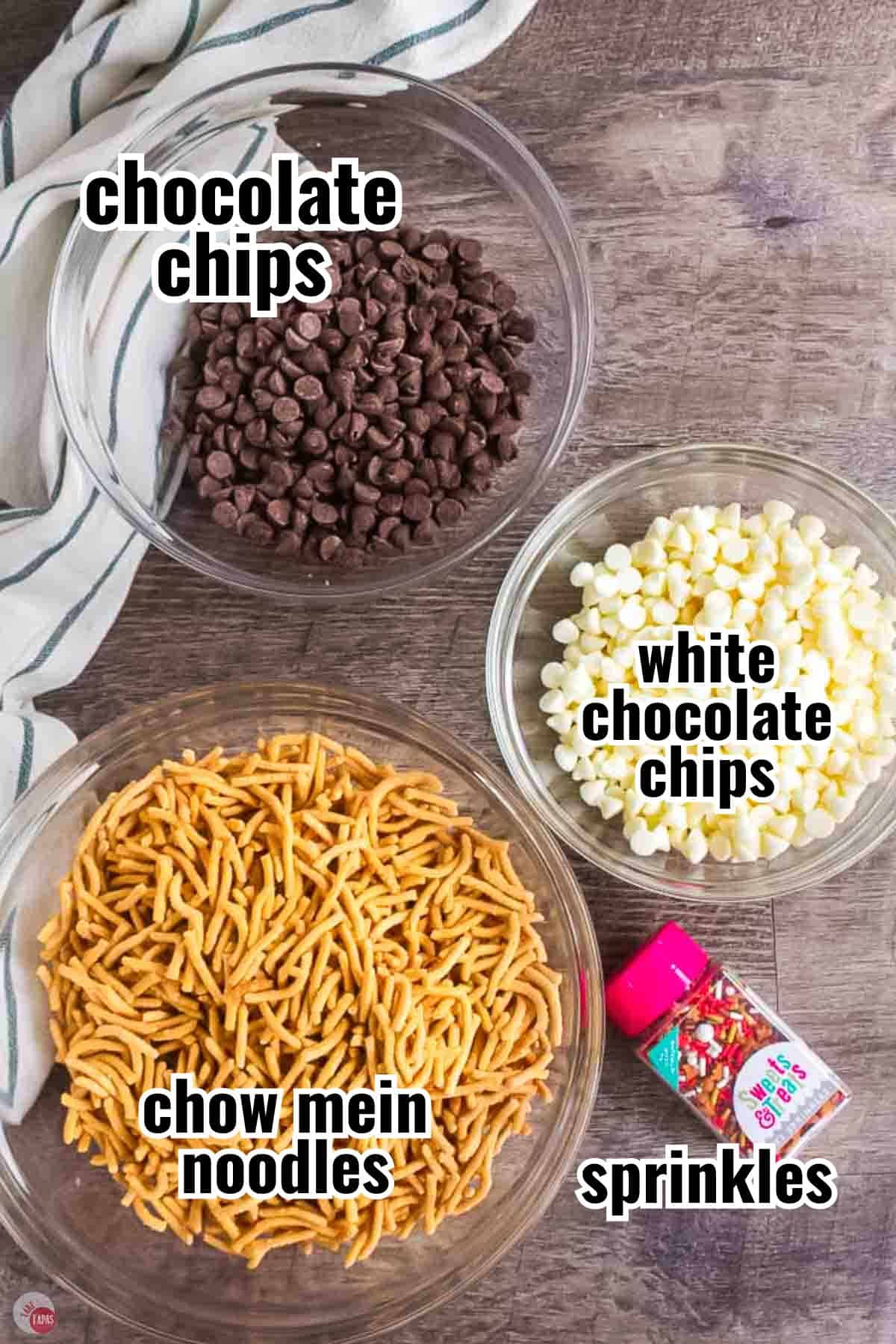 ingredients for a no bake cookie recipe in individual bowls with text overlay labeling them