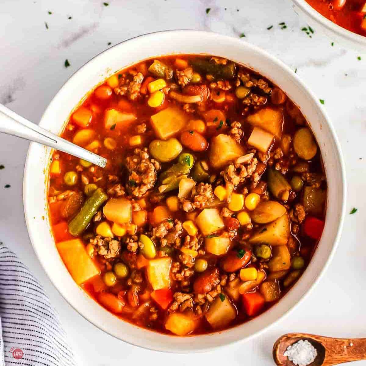 bowl of hobo stew with a spoon