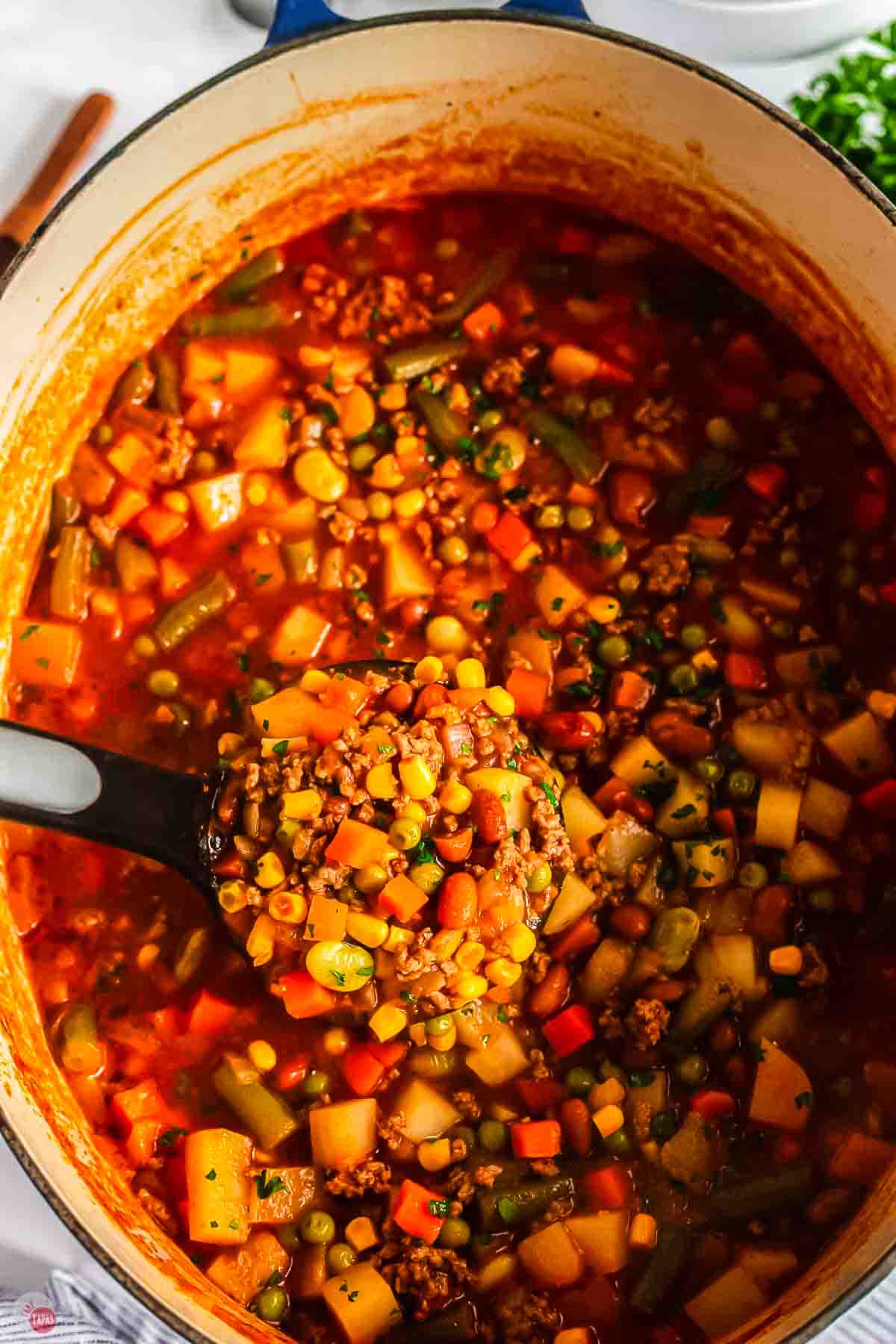 pot of soup with a ladle scooping it out