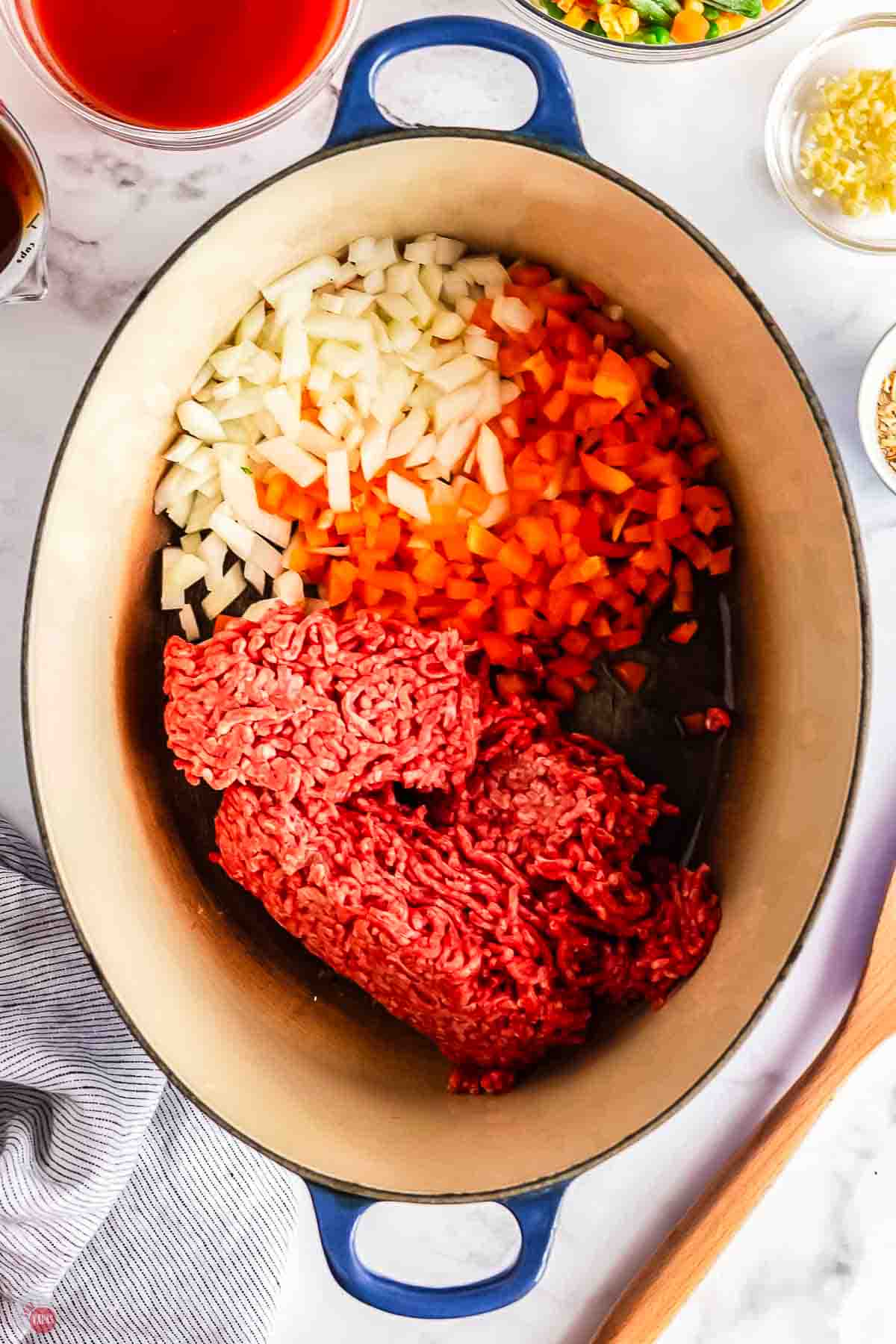 ground beef and onions in a large pot