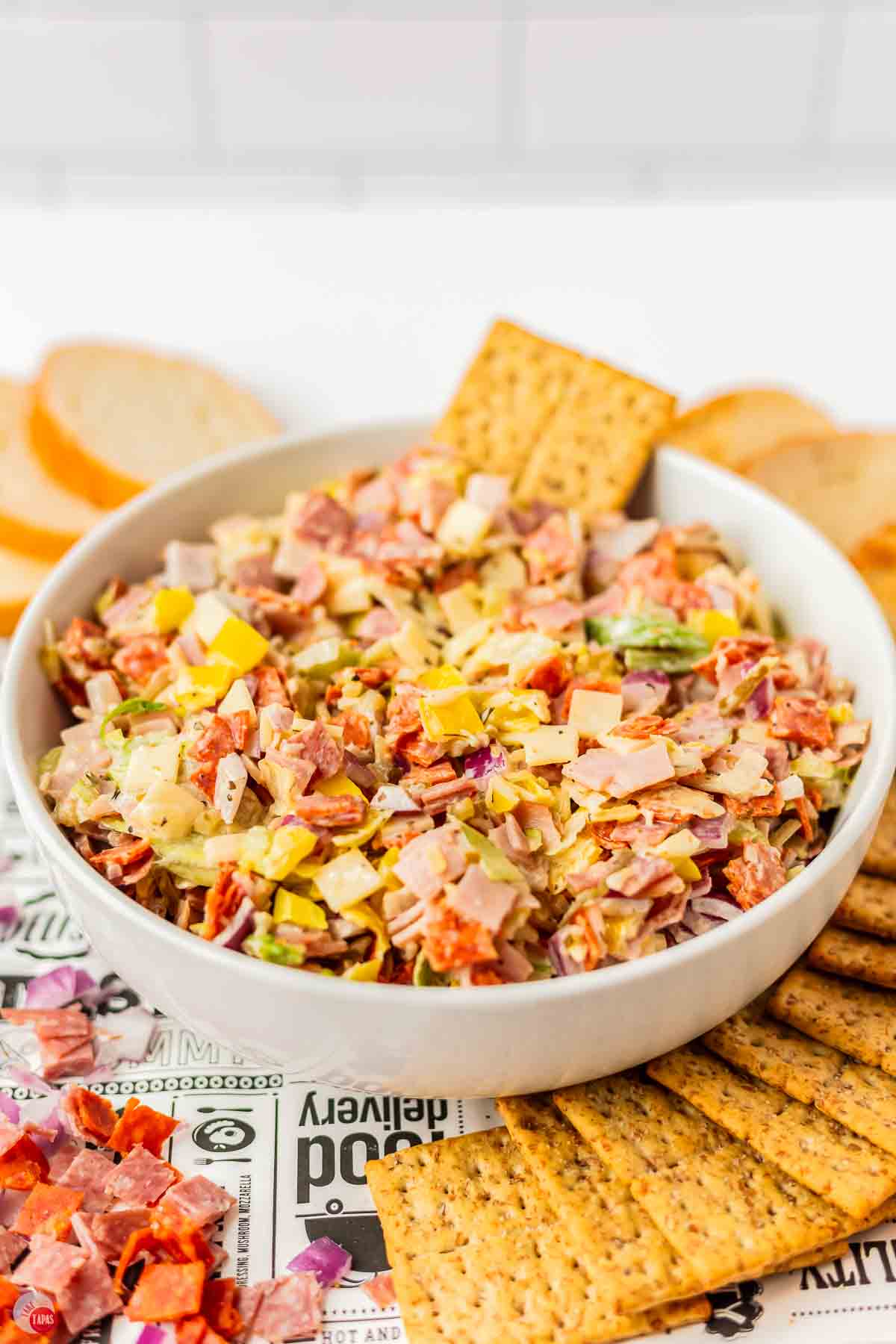 bowl of hoagie dip with crackers