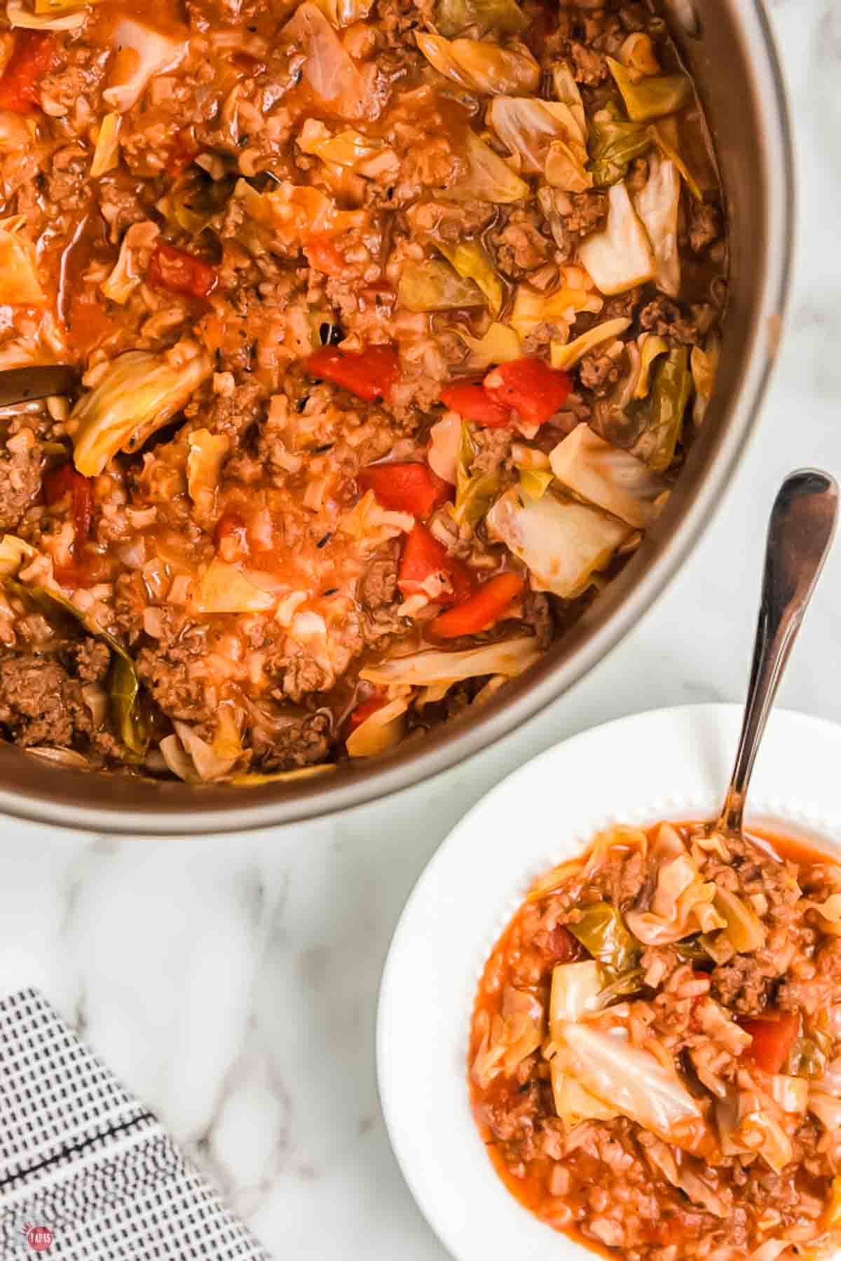 close up of pot and bowl of soup
