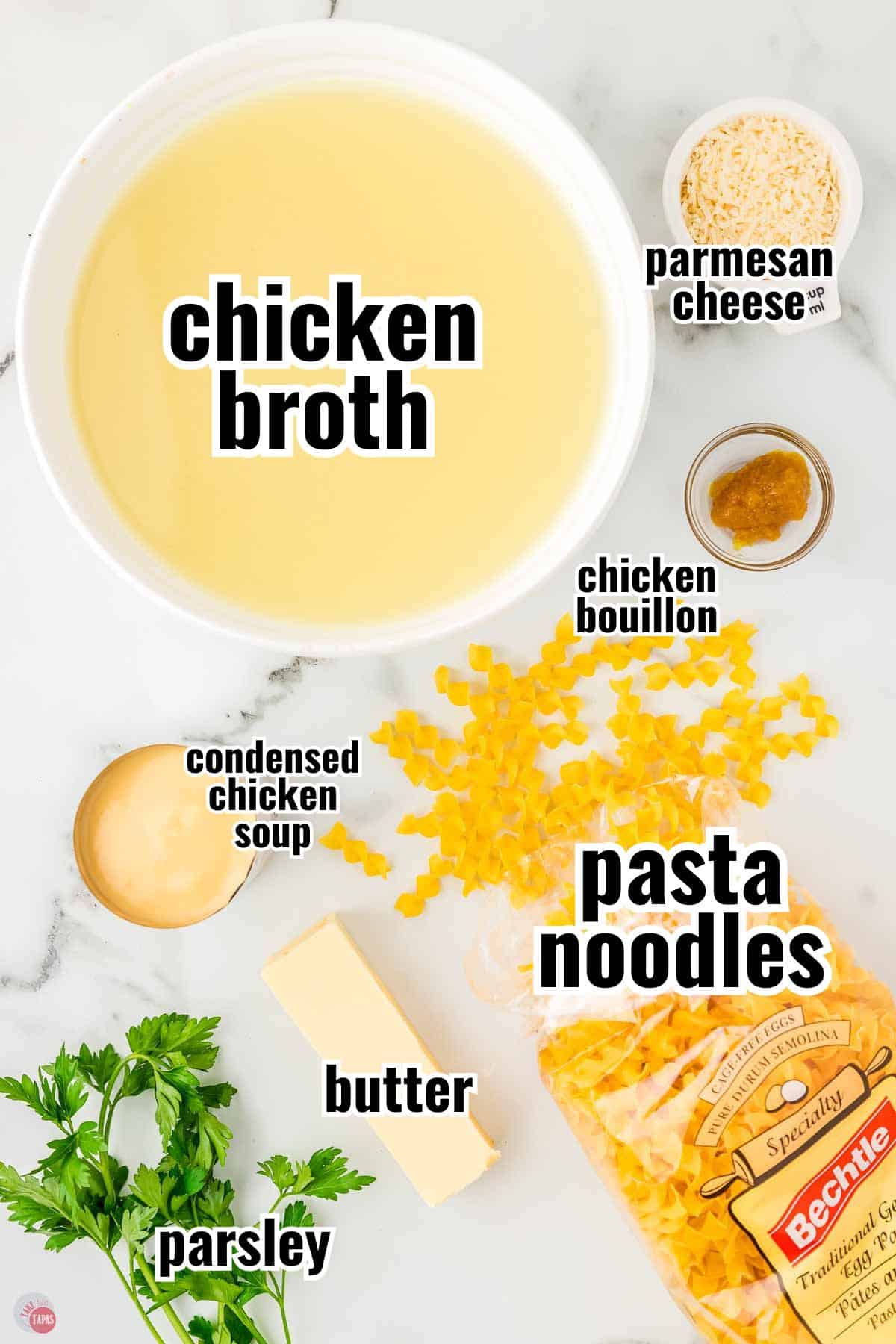 ingredients for cafeteria noodles in individual bowls with text overlay labeling them