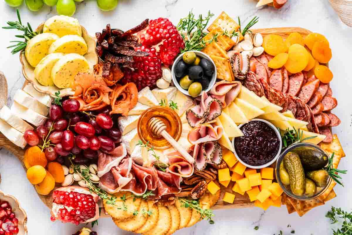 overhead view of charcuterie board