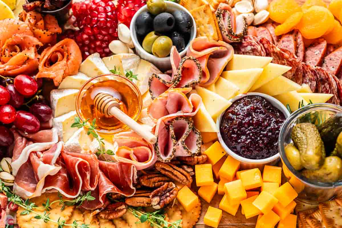 overhead view of charcuterie board