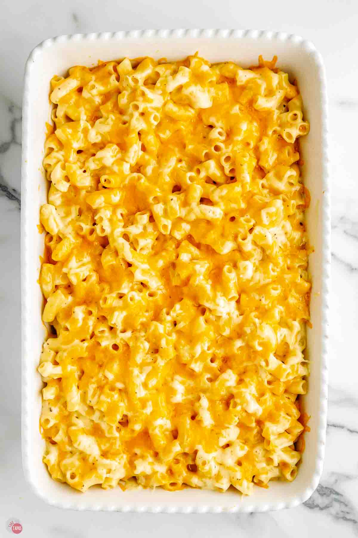baked macaroni and cheese from chick fil a in a white casserole dish