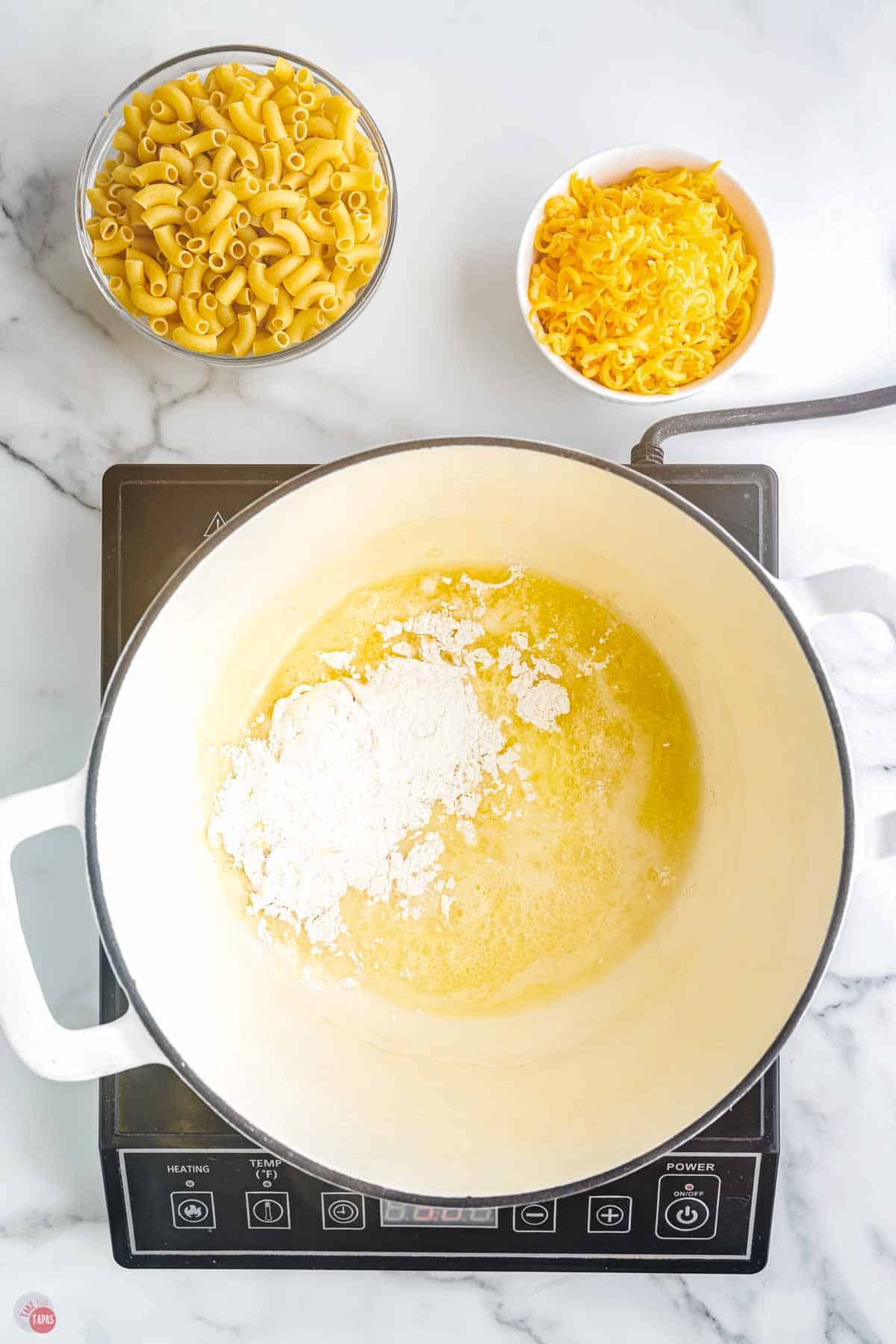 flour and butter in a white pot