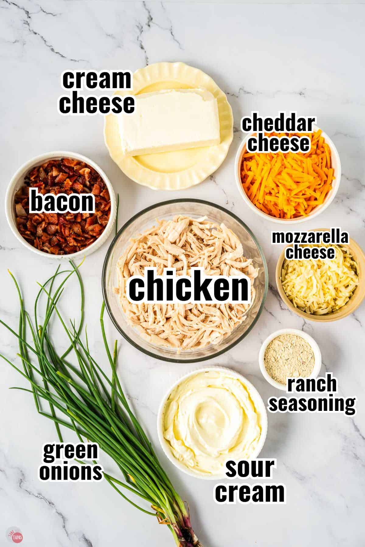 ingredients for a chicken dip in individual bowls with text overlay labeling them