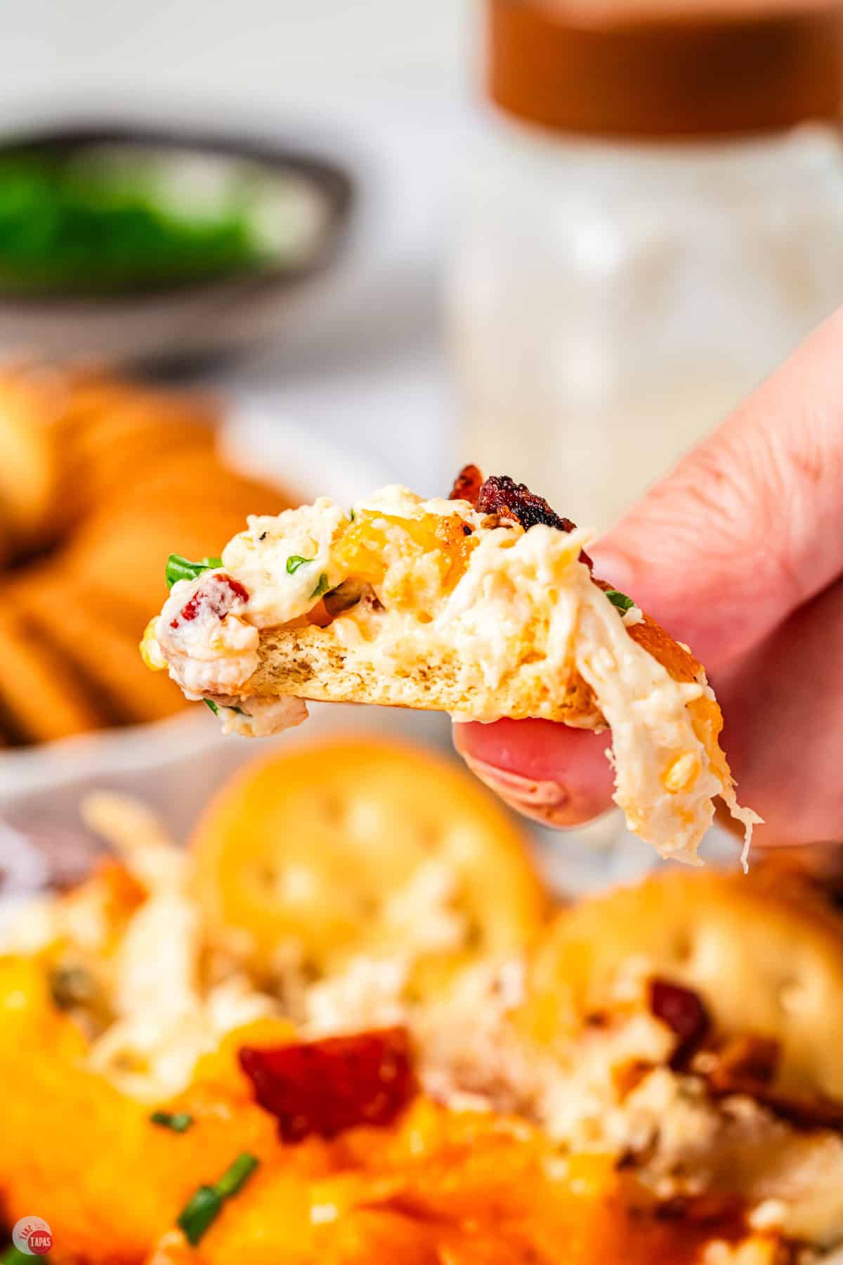 hand holding a cracker with dip on it