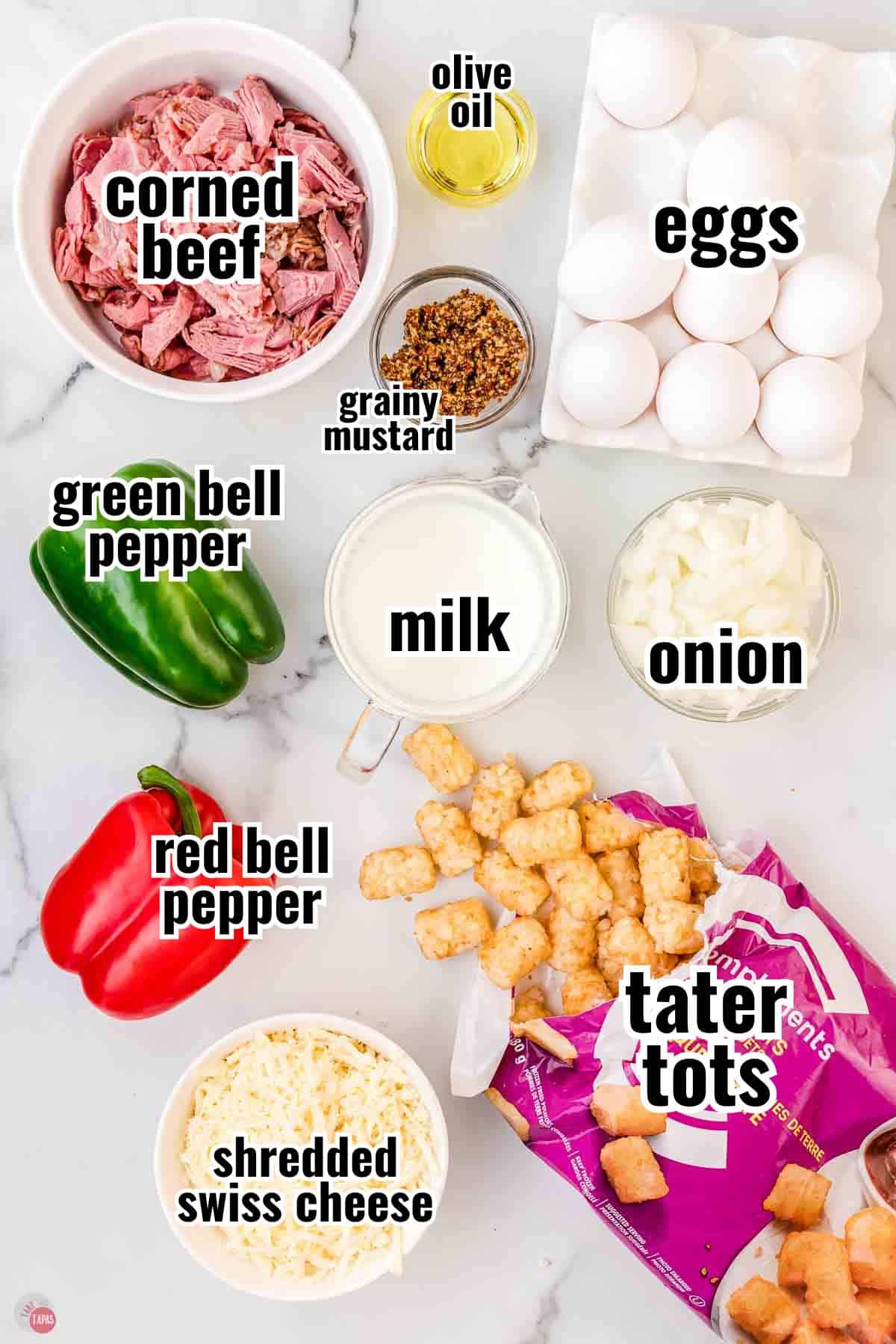 ingredients for a casserole in individual bowls with text overlay labeling them
