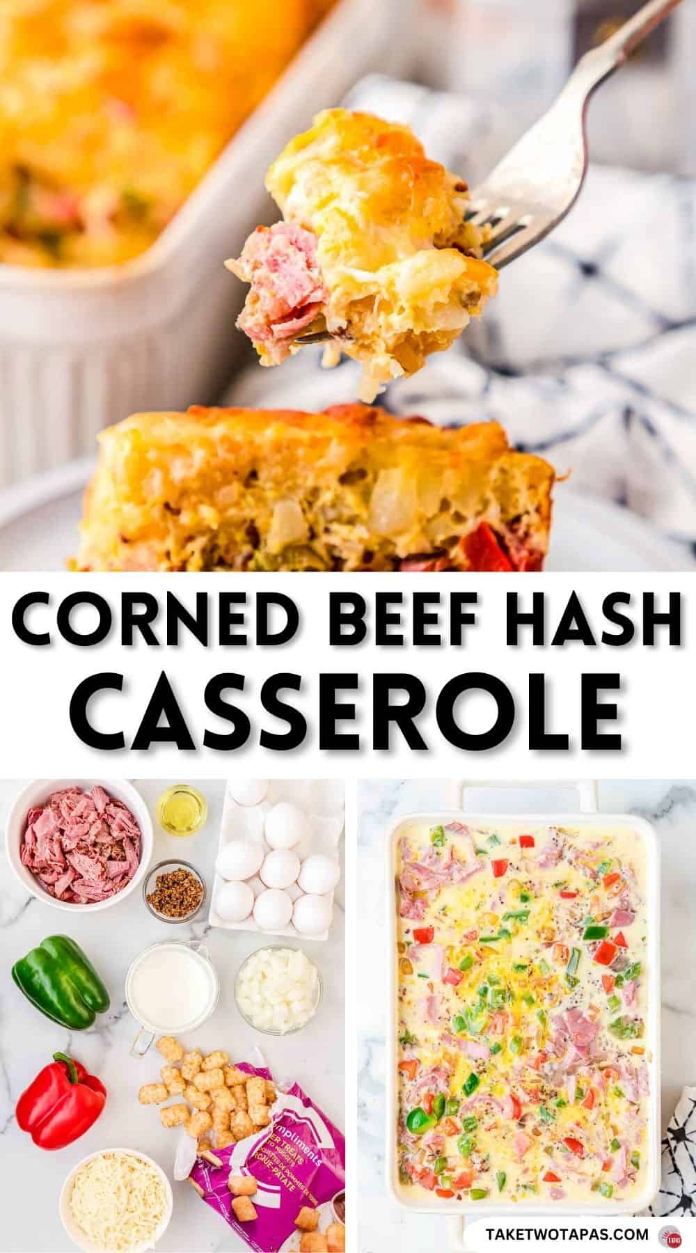 Pinterest pin image for a corned beef hash casserole recipe