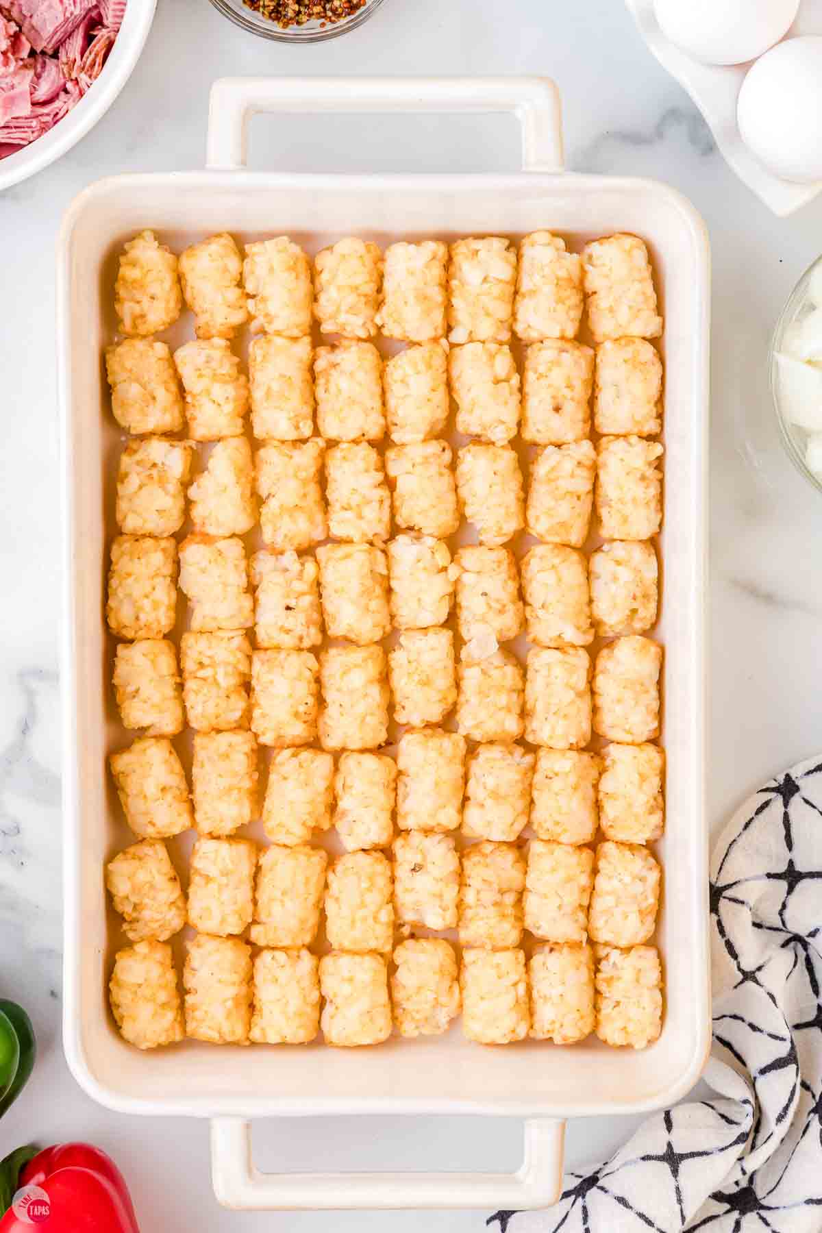 frozen tater tots lined up in the bottom of a white casserole dish