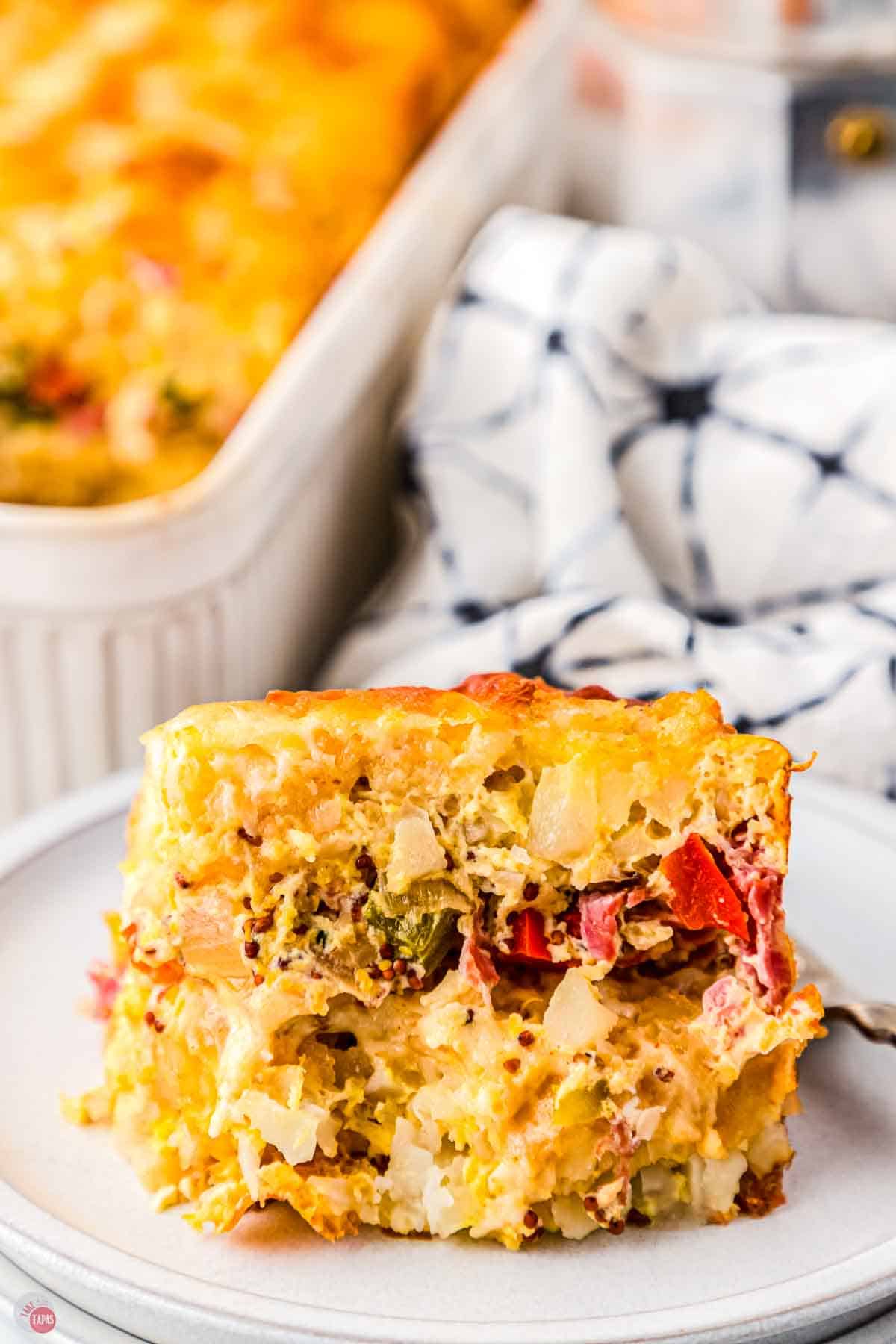 cross section of side of casserole on a white plate