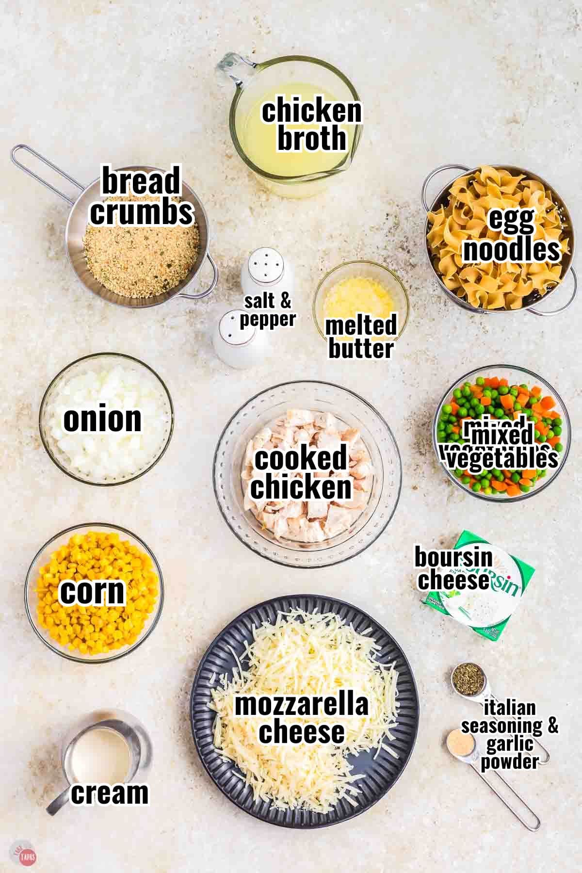 ingredients for a casserole recipe in individual bowls with text overlay labeling them